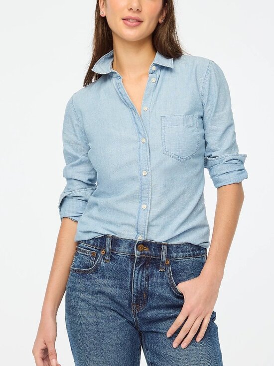 J. Crew Tops - 💼 J.Crew Chambray Button Down Shirt XXS | Light Blue Classic Capsule Wardrobe